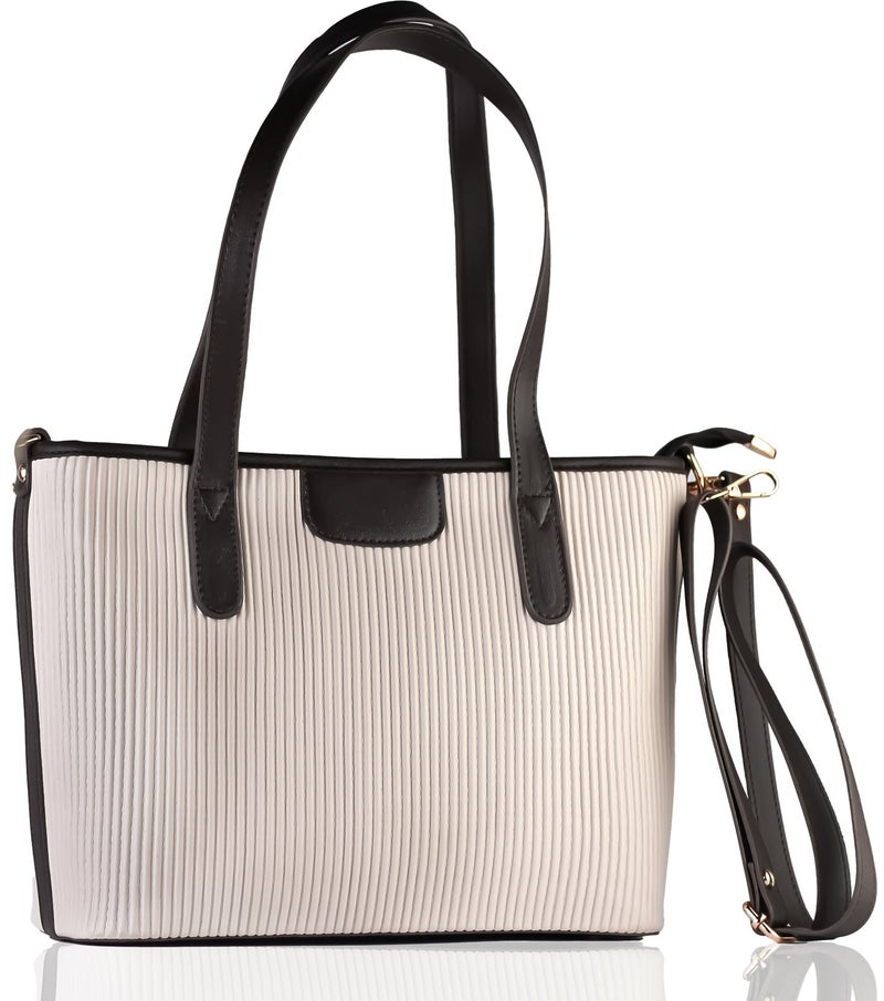 Premium Ribbed Textured Tote Bag for Women - Two-Tone Elegant Handbag with Detachable Shoulder Strap - Beige & Brown - Image 1